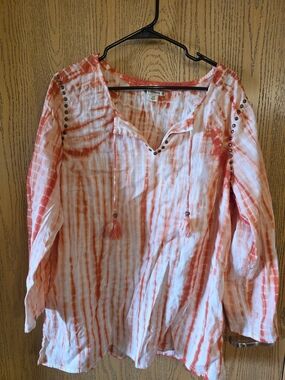 Ruff Hewn Coral Tie-Dye Peasant Blouse